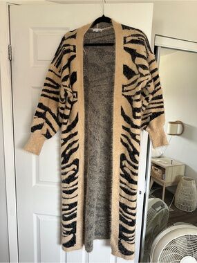 Zebra Print Long Open Cardigan - Beige & Black